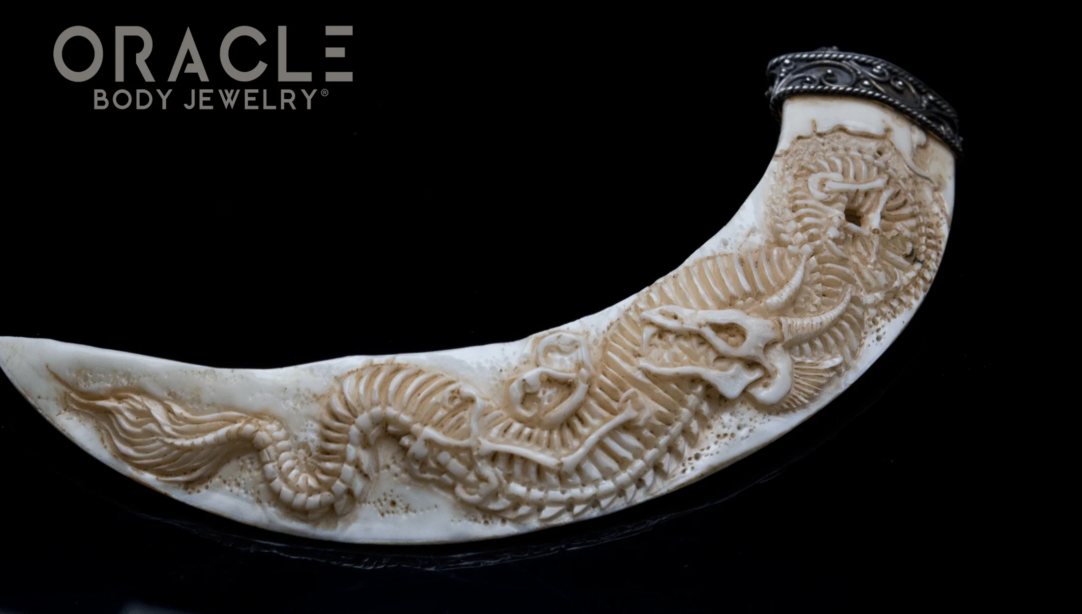 Boar's Tusk Pendant with Carved Dragon Skeleton and Silver Filigree - Image 2