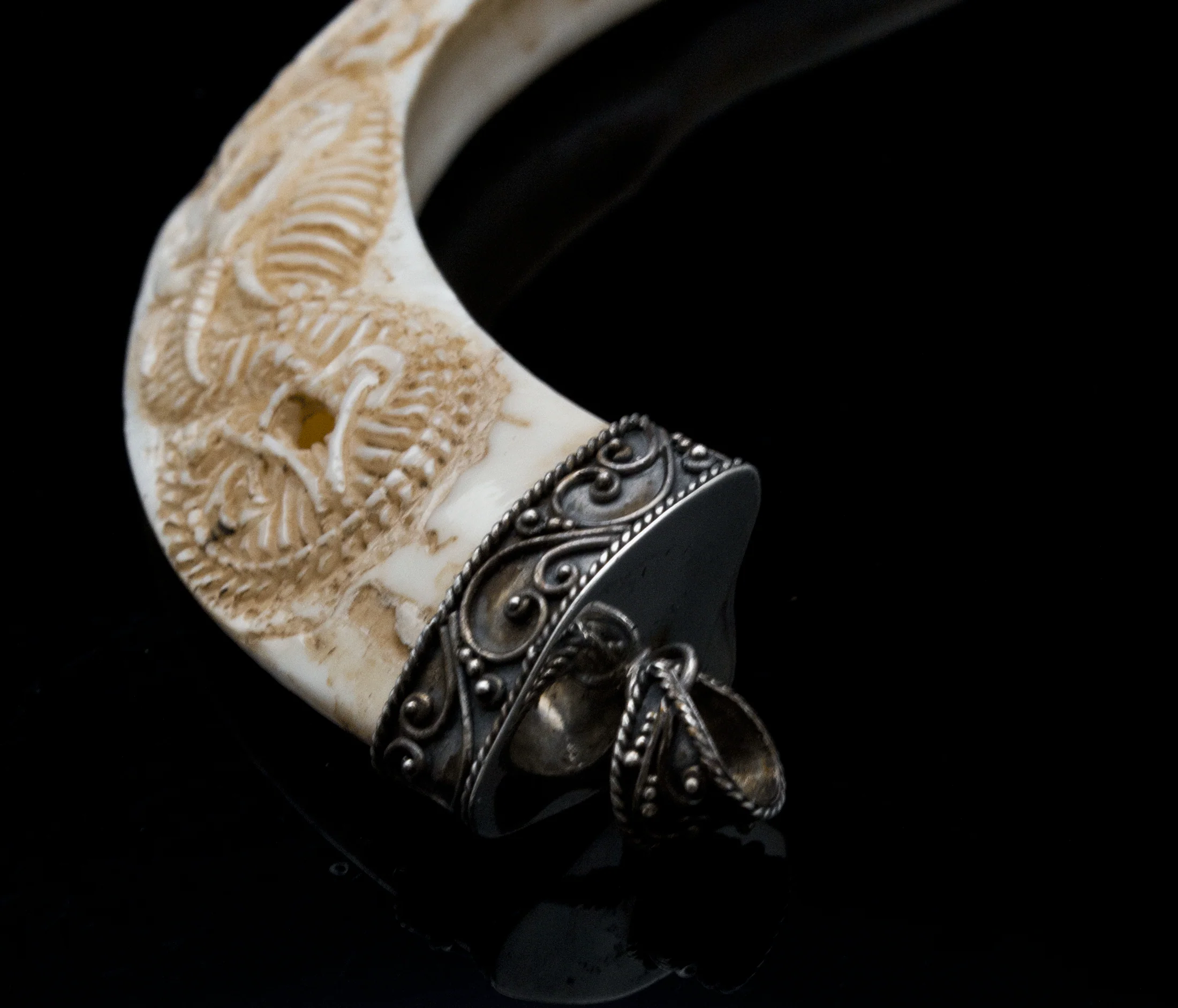 Boar's Tusk Pendant with Carved Dragon Skeleton and Silver Filigree - Image 3