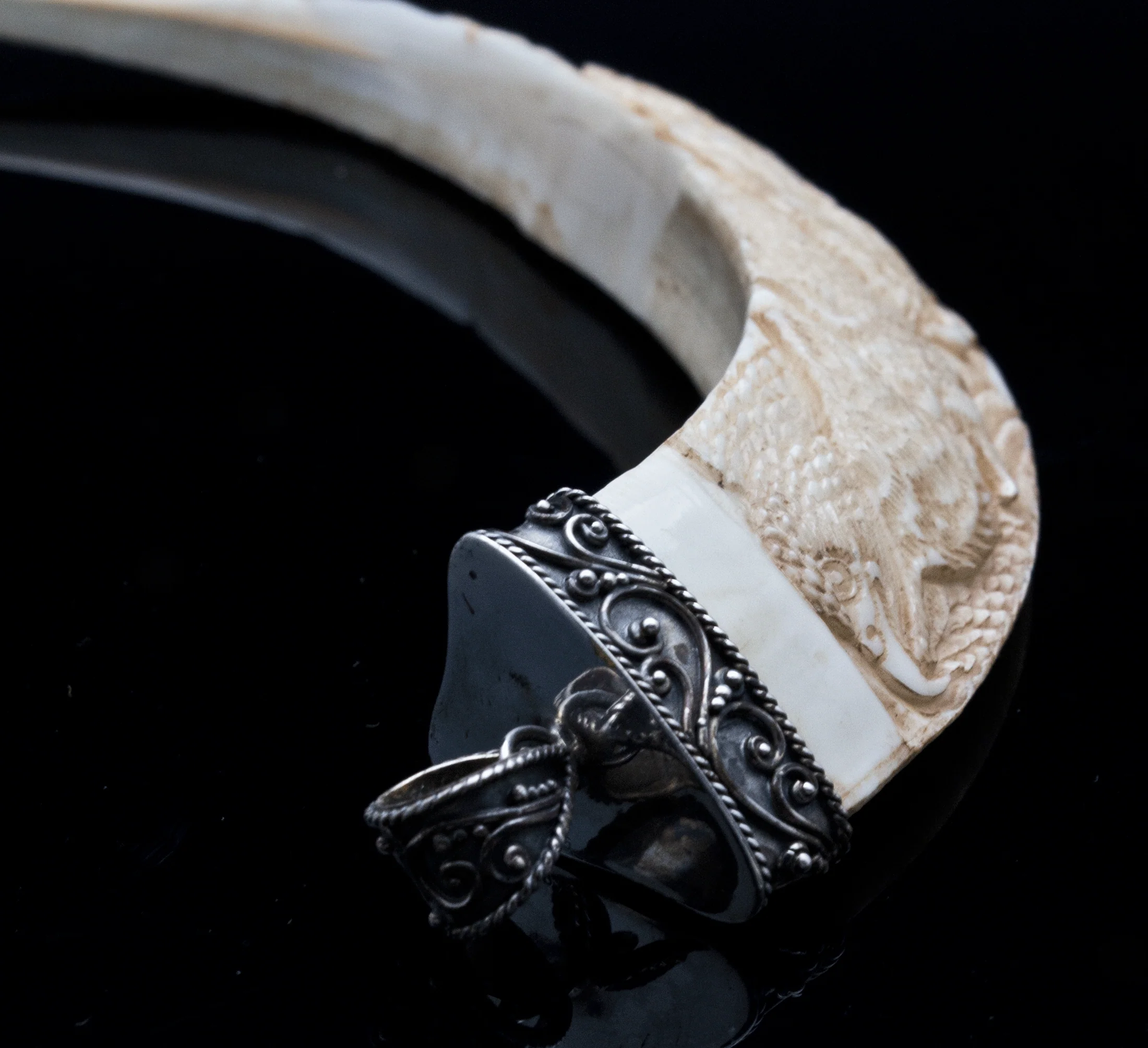 Carved Boar's Tusk Pendant with Silver Filigree - Image 2