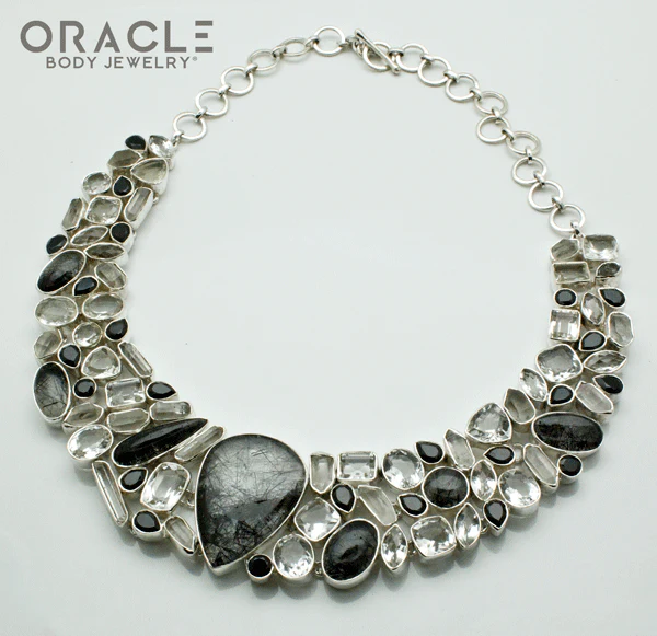 Sterling Silver Tourmalated Quartz Necklace with Clear Quartz and Black Spinal Accents - Image 2