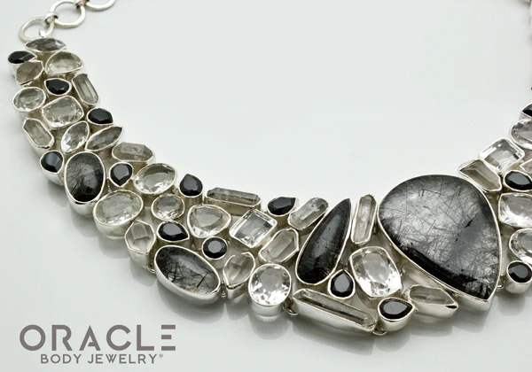 Sterling Silver Tourmalated Quartz Necklace with Clear Quartz and Black Spinal Accents - Image 3