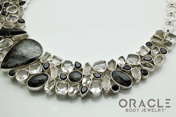 Sterling Silver Tourmalated Quartz Necklace with Clear Quartz and Black Spinal Accents - Image 4