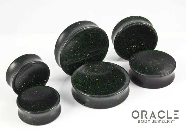 Green Goldstone Concave Solid Double Flare Plugs - Image 2