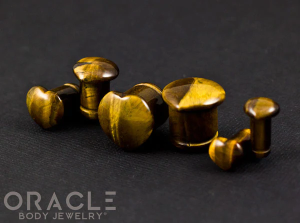 Single Flare Heart Front Yellow Tiger Eye Plugs - Image 3