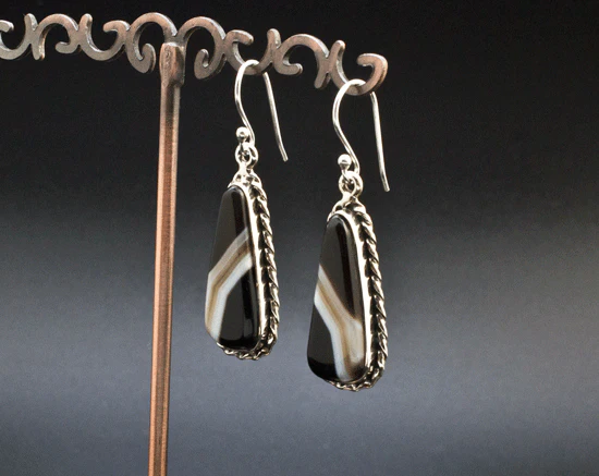 Sterling Silver Black Tibetan Agate Earrings - Image 2