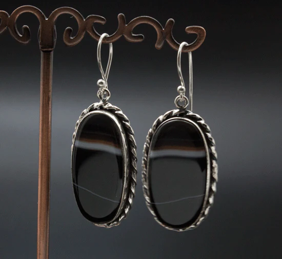 Sterling Silver Black Tibetan Agate Earrings - Image 2