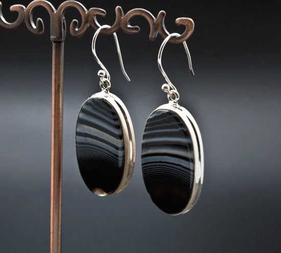 Sterling Silver Black Tibetan Agate Earrings - Image 2