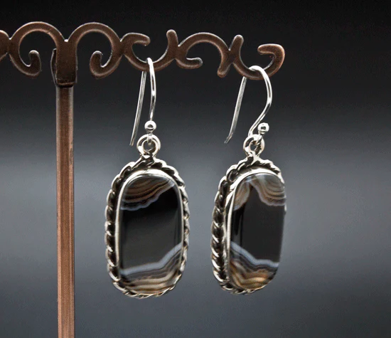 Sterling Silver Black Tibetan Agate Earrings - Image 2