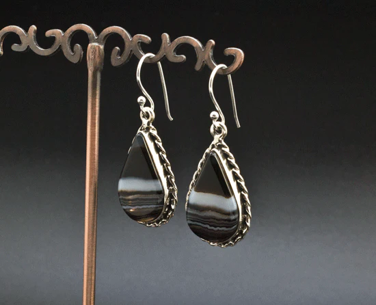 Sterling Silver Black Tibetan Agate Earrings - Image 2