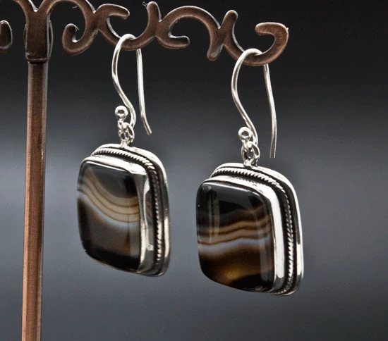Sterling Silver Black Tibetan Agate Earrings - Image 2