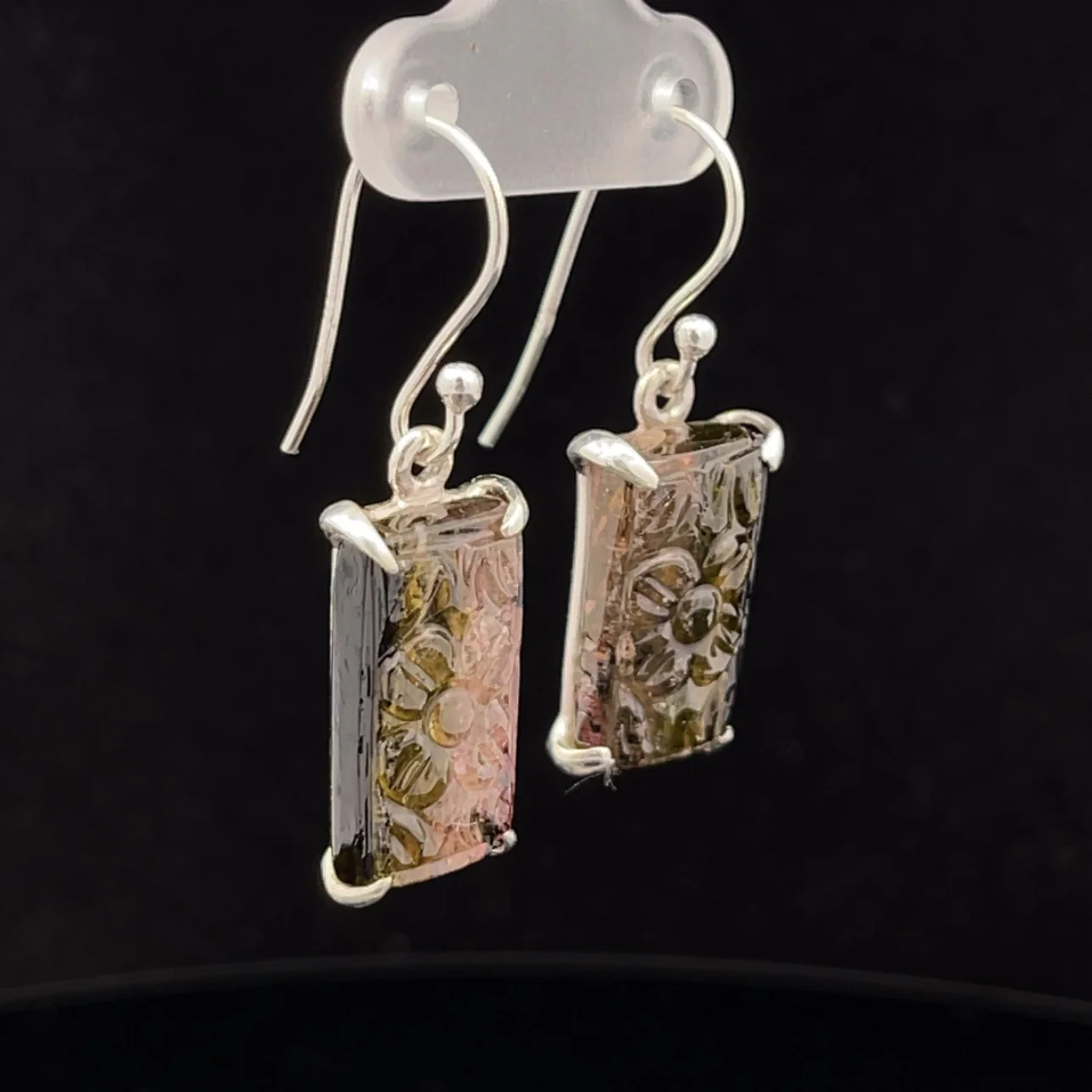 Sterling Silver Carved Watermelon Tourmaline Earrings - Image 2