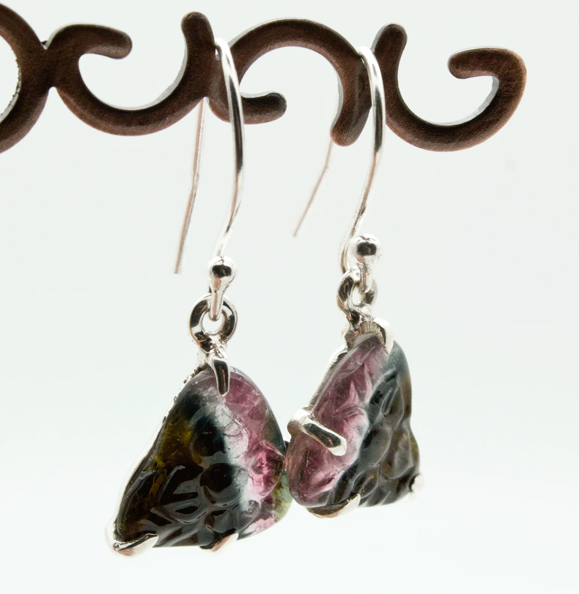 Sterling Silver Carved Watermelon Tourmaline Earrings - Image 2