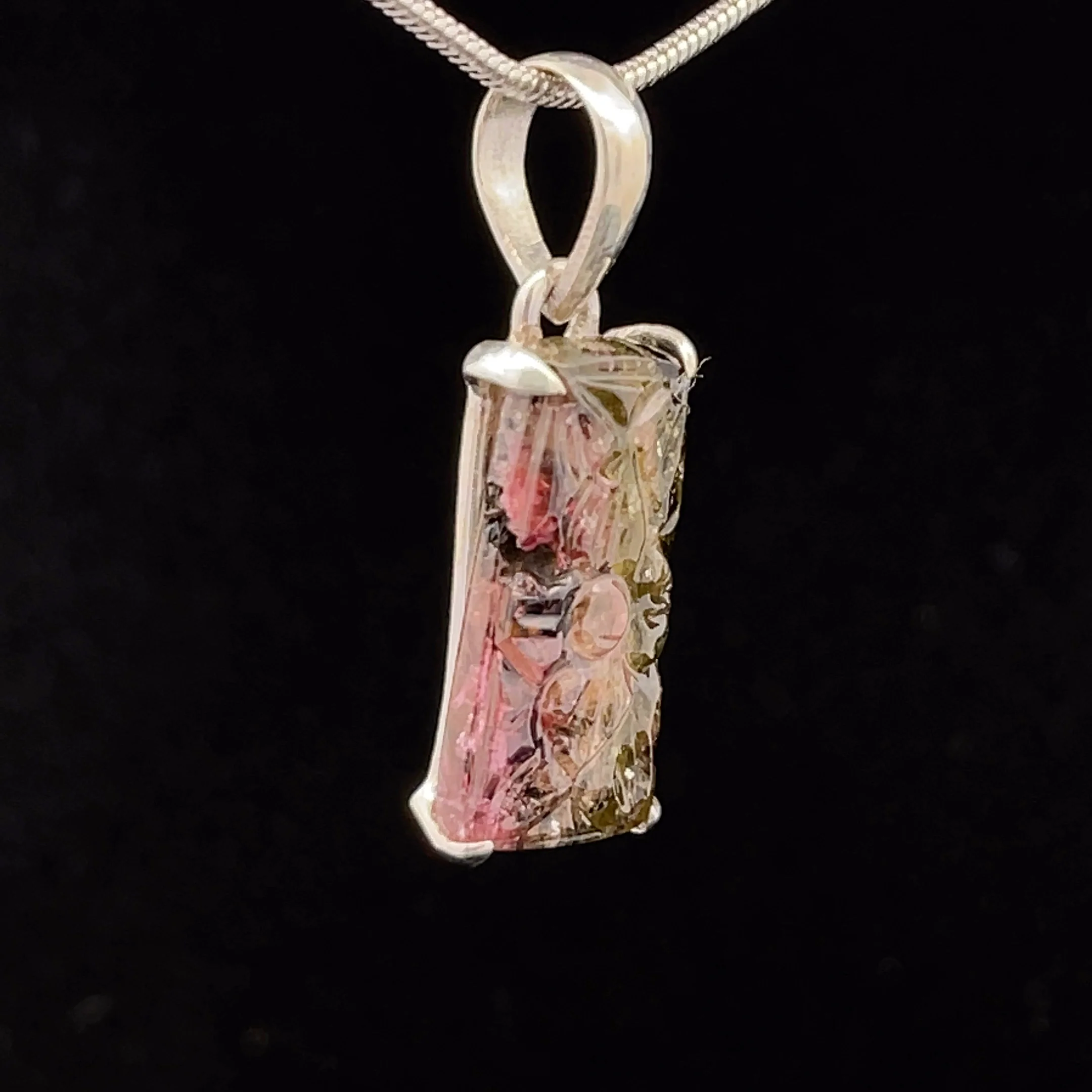 Sterling Silver Carved Watermelon Tourmaline Pendant - Image 2