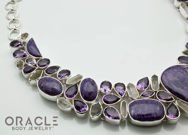 Sterling Silver Charoite Necklace with Faceted Amethyst, Charoite and Raw Quartz Accents - Image 3