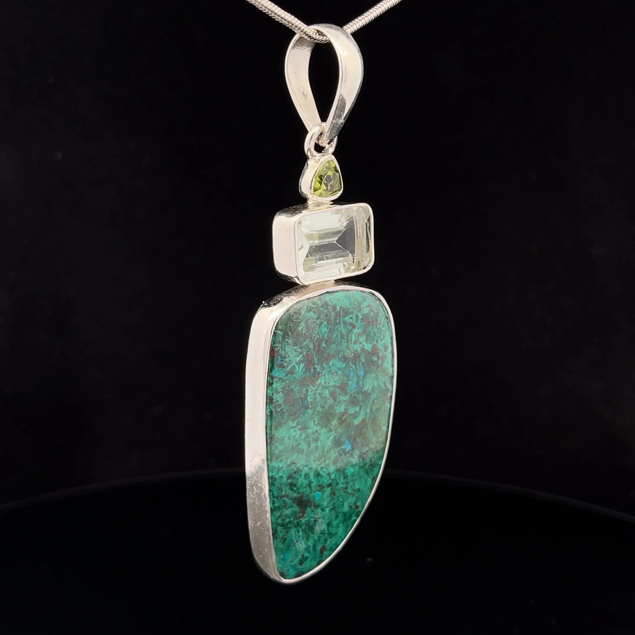 Sterling Silver Chrysocolla, Green Amethyst and Peridot Pendant - Image 2