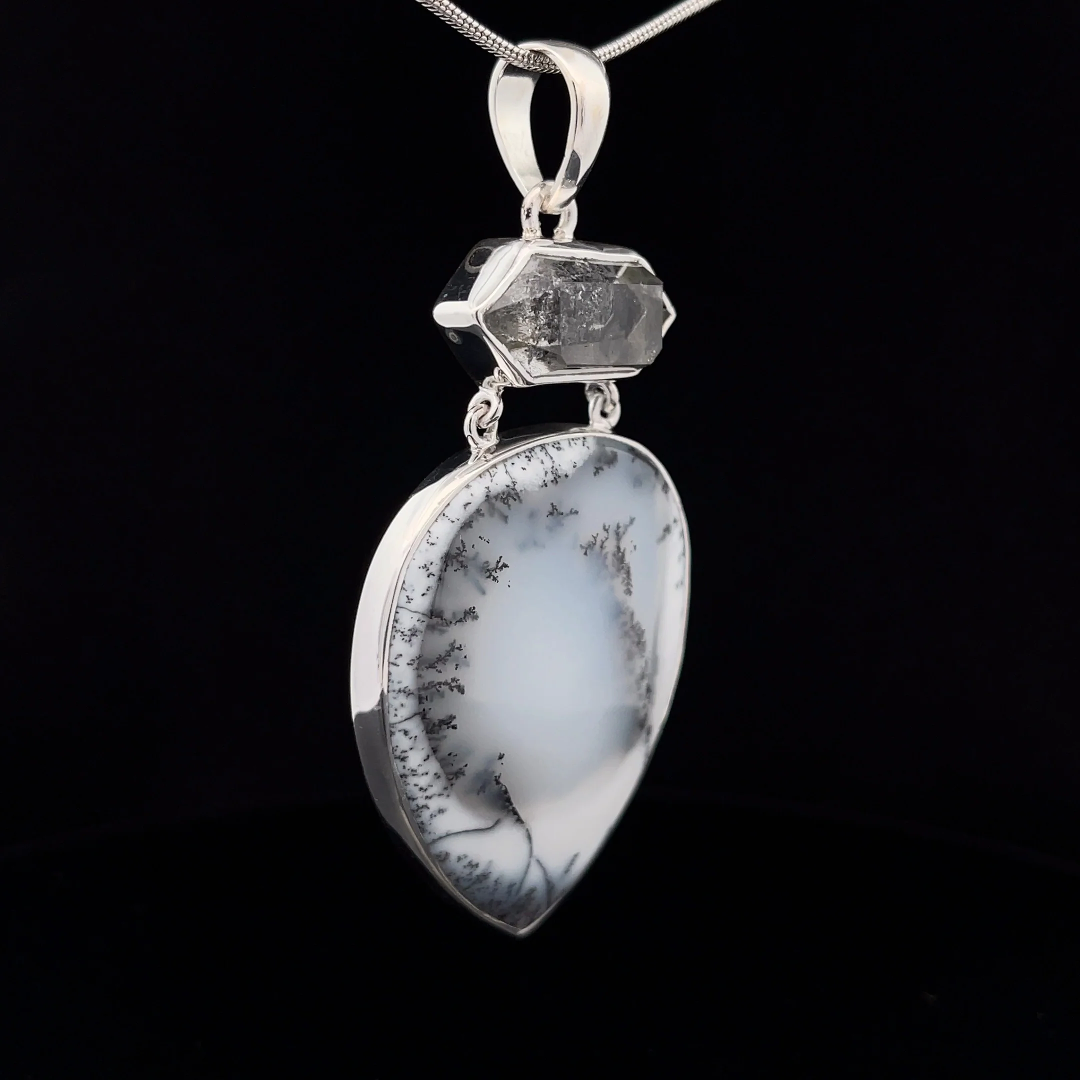 Sterling Silver Dendritic Opal and Herkimer Diamond Pendant - Image 2