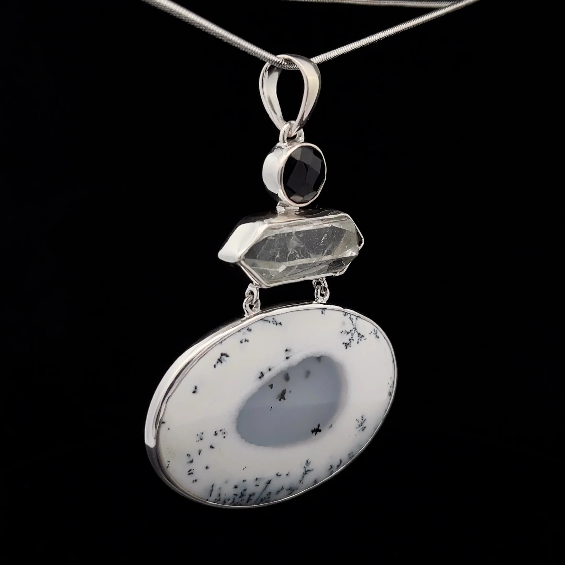 Sterling Silver Dendritic Opal, Quartz and Black Spinel Pendant - Image 2