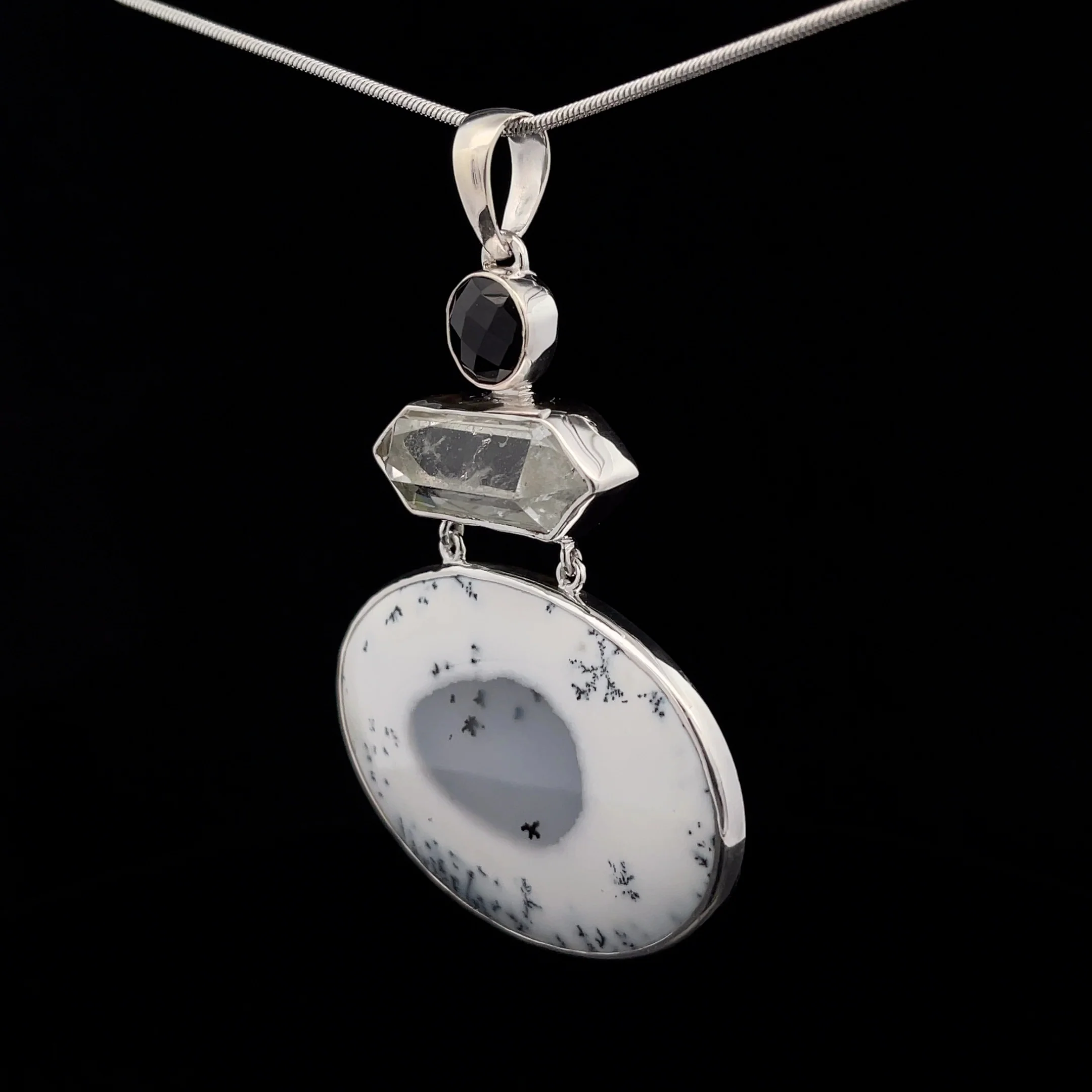 Sterling Silver Dendritic Opal, Quartz and Black Spinel Pendant - Image 3