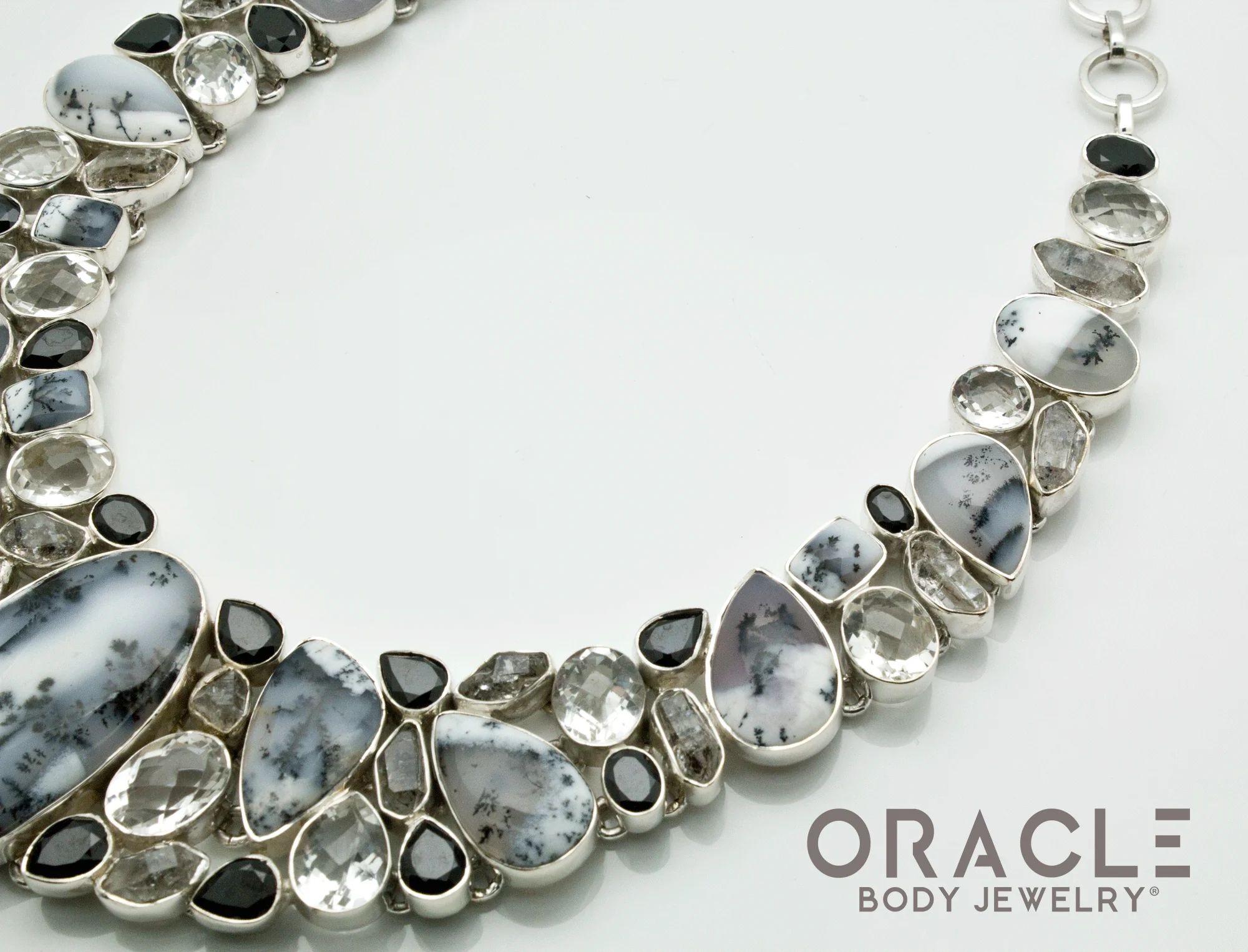 Sterling Silver Dendritic Opal with Herkimer Diamond and Faceted Quartz and Black Spinel Necklace - Image 4