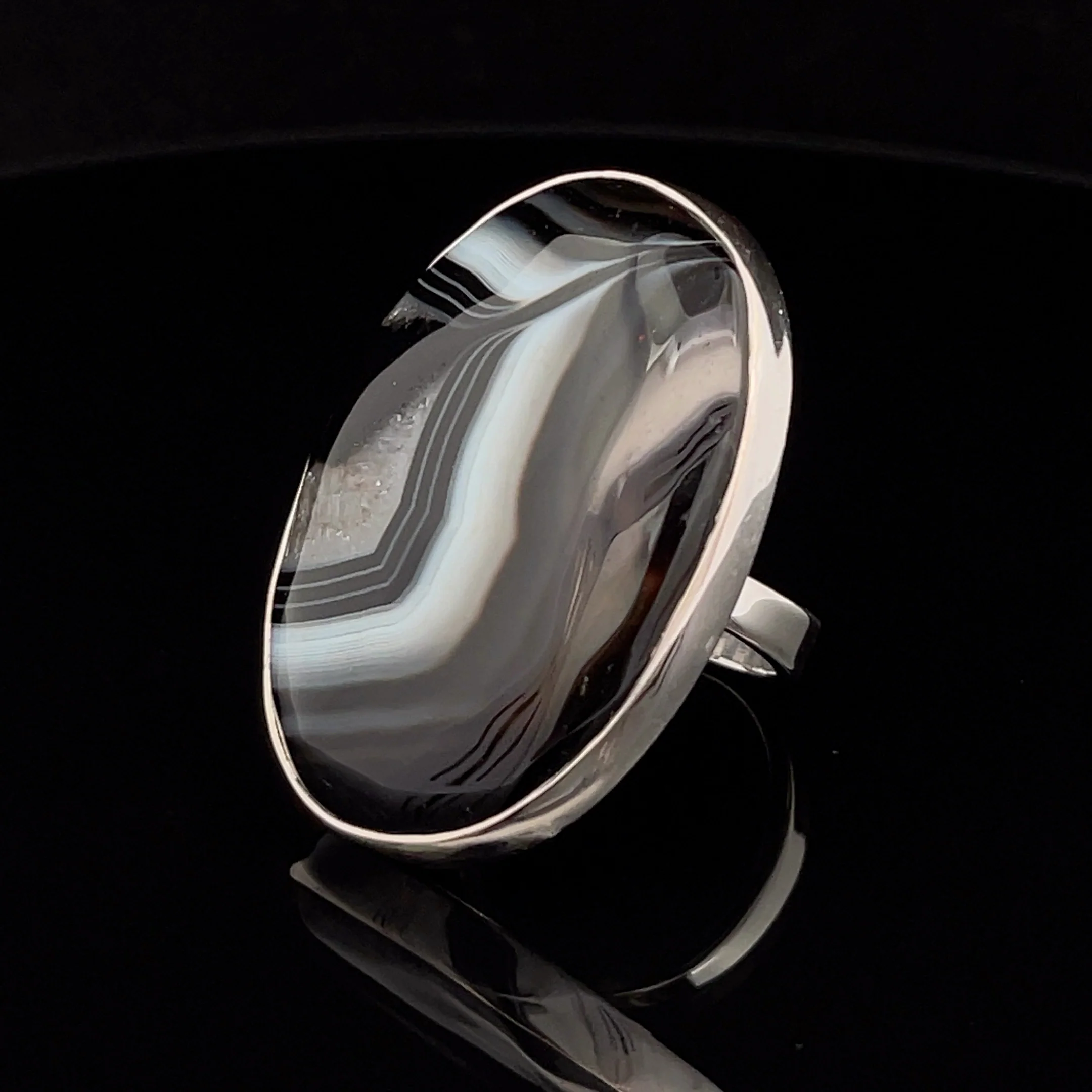 Sterling Silver Large Black Tibet Agate Ring Adjustable - Image 3