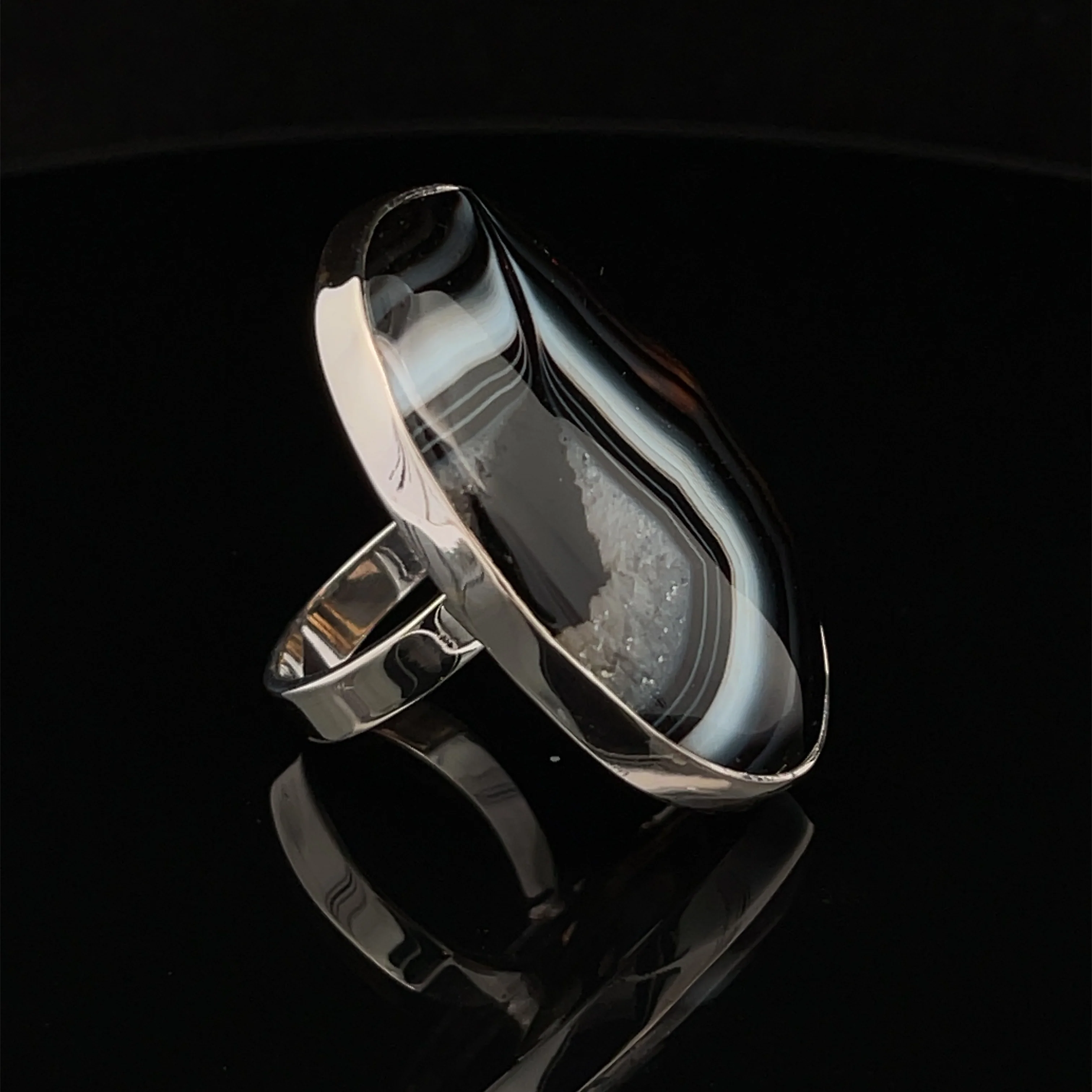 Sterling Silver Large Black Tibet Agate Ring Adjustable - Image 4
