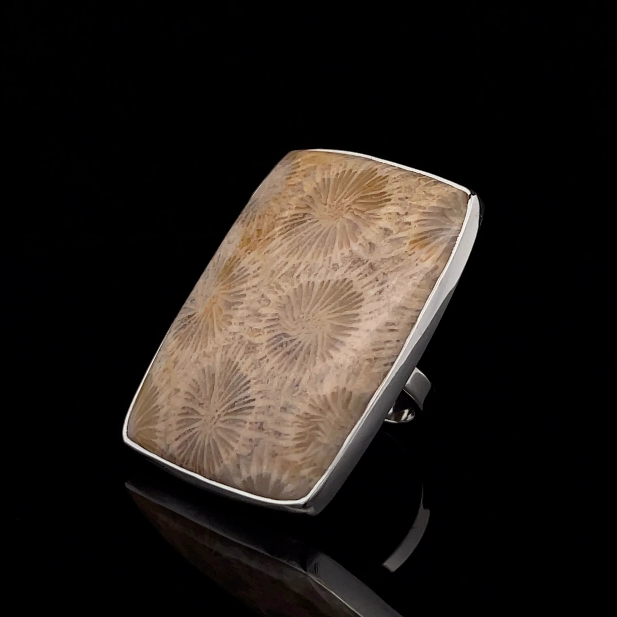 Sterling Silver Large Fossil Coral Ring Adjustable - Image 3