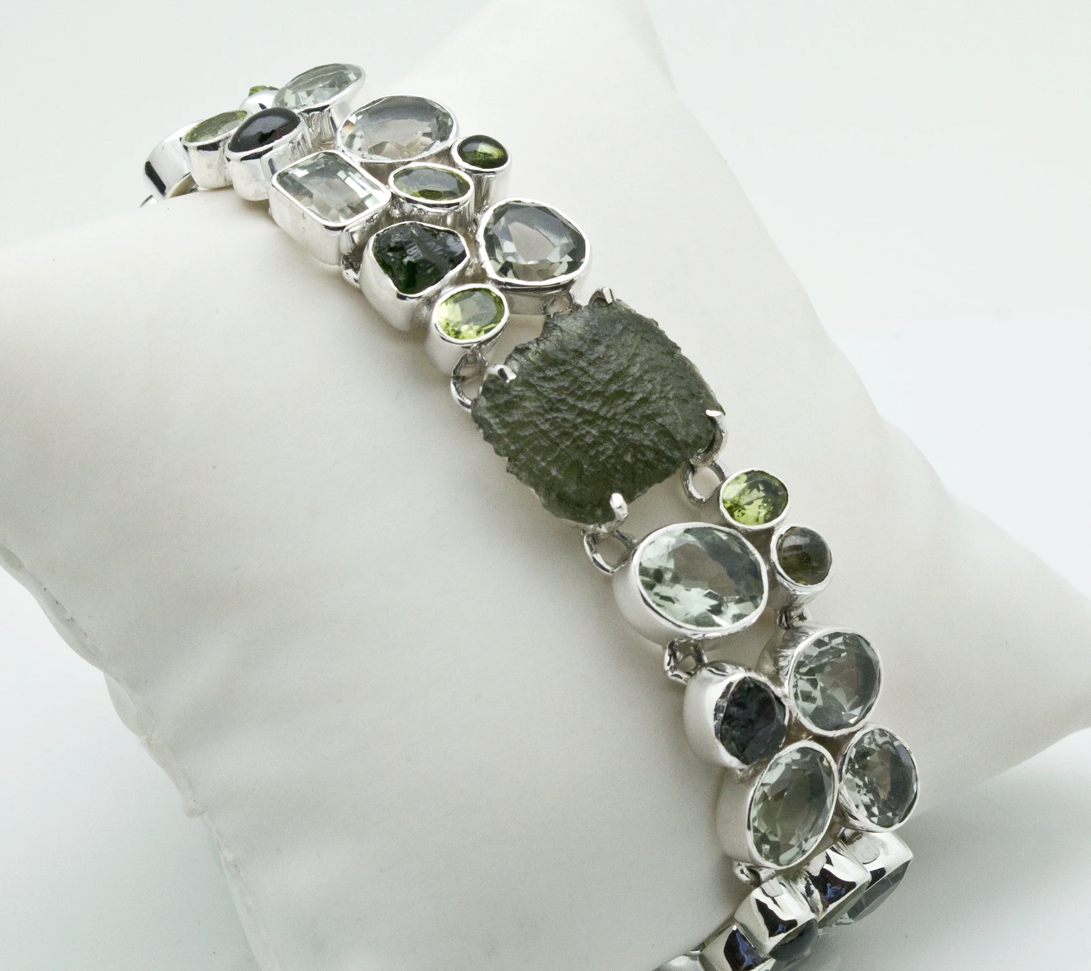 Sterling Silver Moldavite Bracelet with Chrome Diopside, Green Amethyst and Peridot - Image 2