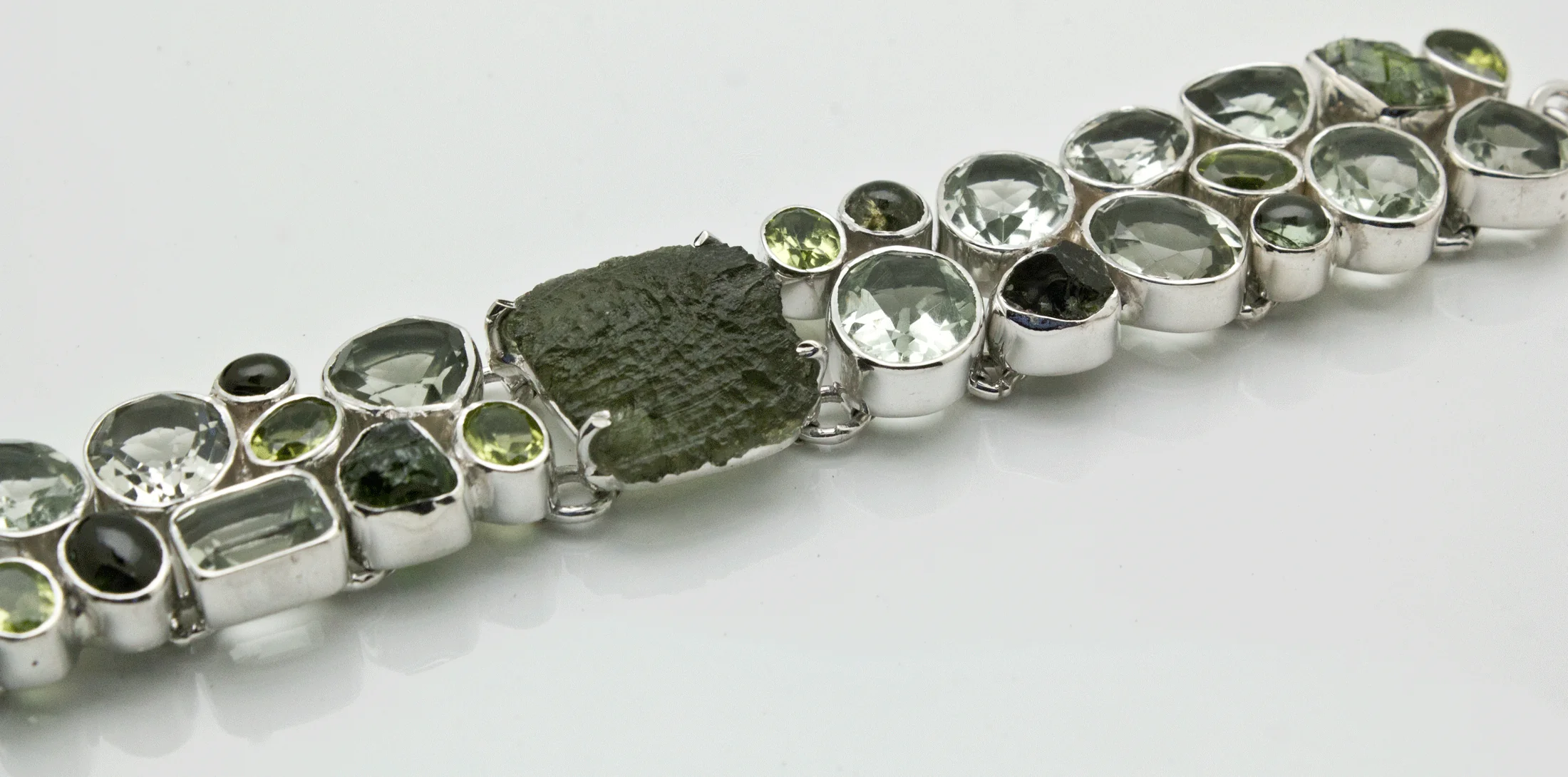 Sterling Silver Moldavite Bracelet with Chrome Diopside, Green Amethyst and Peridot - Image 5