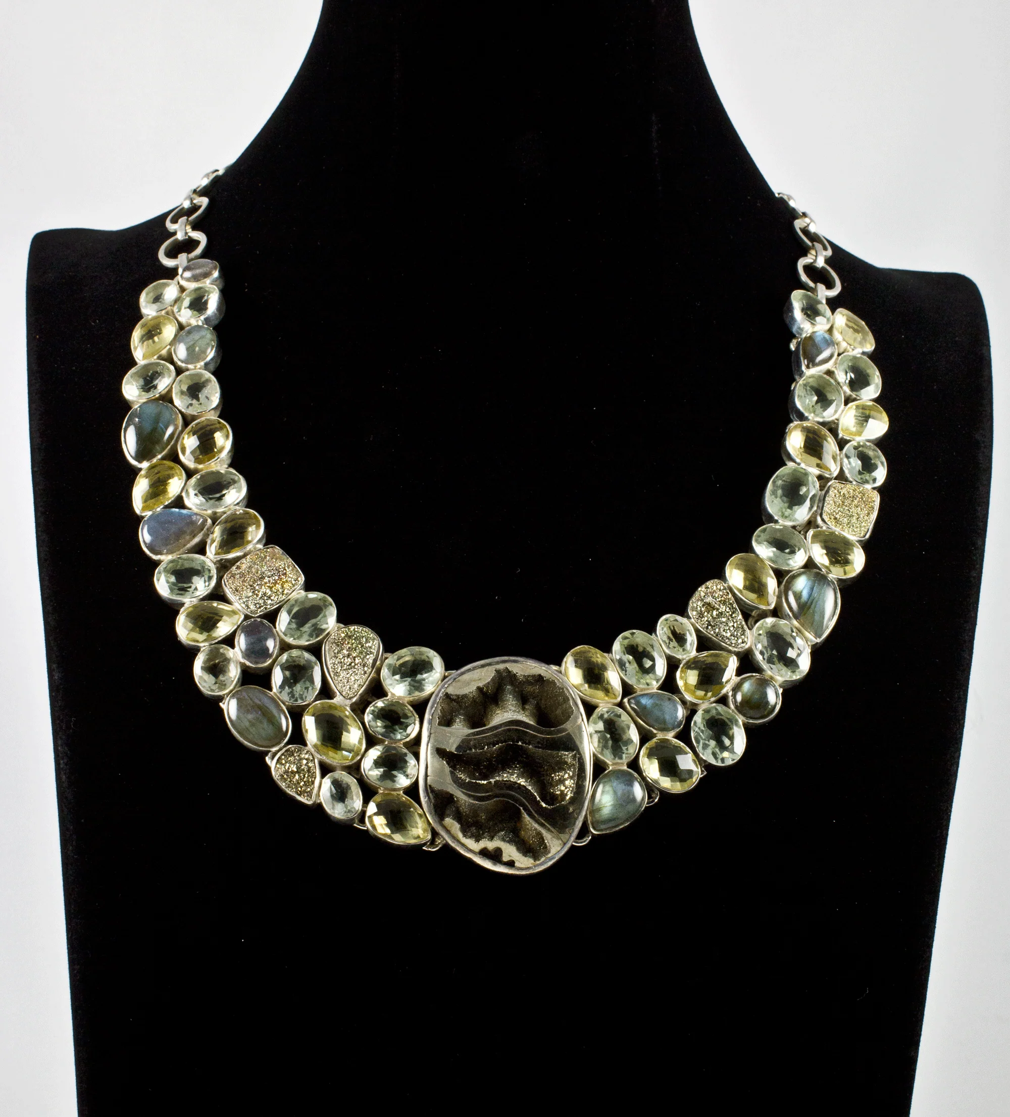 Sterling Silver Pyritized Ammonite, Green Amethyst, Citrine and Labradorite Necklace - Image 3