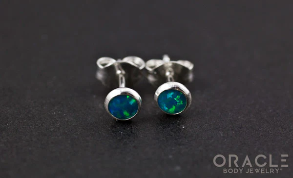 Sterling Silver Synthetic Blue Opal Earrings - Image 2