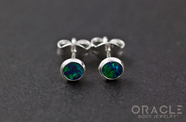 Sterling Silver Synthetic Dark Blue Opal Earrings - Image 2