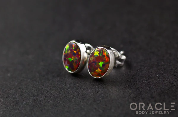 Sterling Silver Synthetic Red Opal Earrings - Image 2