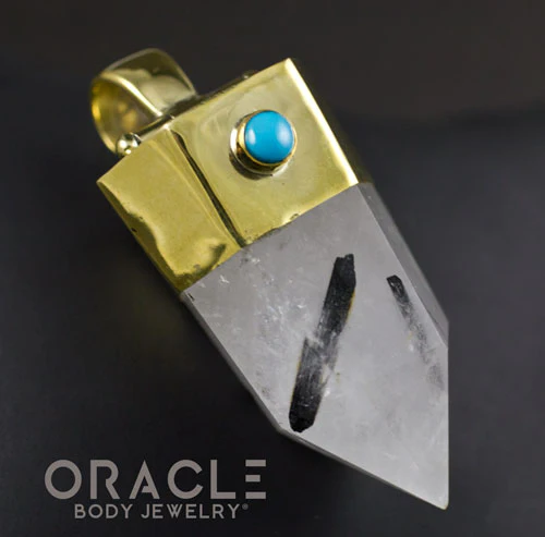 Zuul Pendant With Tourmalated Quartz Point and Double Turquoise Accents - Image 2